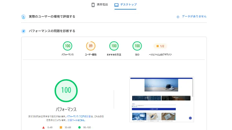 デスクトップ版PageSpeed Insightsのスコア。パフォーマンス100点、SEO100点を維持