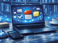 Amazon領収書の出し方とPDF保存方法を説明するデジタルワークスペースのイメージ。ノートパソコンの画面にチェックマークやフォルダアイコンが表示され、電子帳簿保存法対応を象徴している。