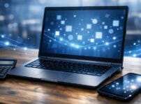 Microsoft 365をお得に購入する方法を象徴するデスク上のノートPC、電卓、スマホのイメージ。青い光が広がるデジタルな雰囲気。