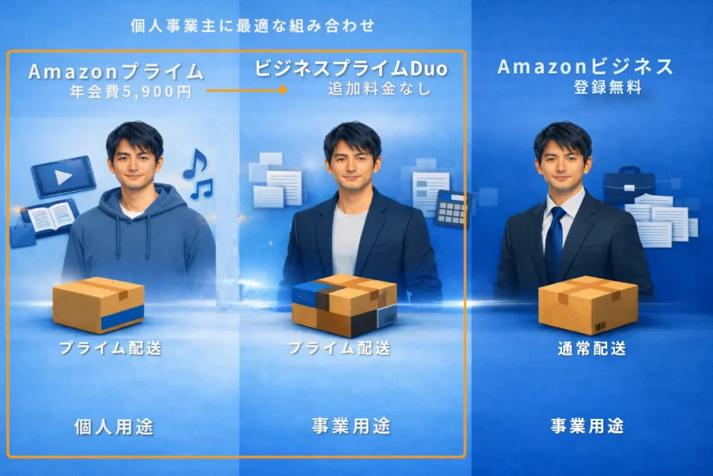 Amazonプライム・ビジネスプライムDuo・Amazonビジネスの違いを比較したイラスト。個人用途と事業用途の特徴を並べて説明している。