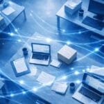 青系の俯瞰視点で整然としたオフィス空間。複数のデスクにPCや書類、配送箱が並び、ネットワーク線の光が流れる様子が法人の購買管理とオフィス調達の効率化を象徴している
