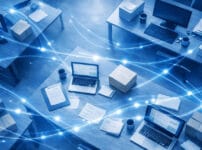 青系の俯瞰視点で整然としたオフィス空間。複数のデスクにPCや書類、配送箱が並び、ネットワーク線の光が流れる様子が法人の購買管理とオフィス調達の効率化を象徴している