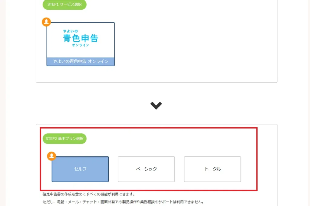 弥生マイポータルの基本プラン選択画面。「セルフ」「ベーシック」「トータル」の3つのプランが表示されている